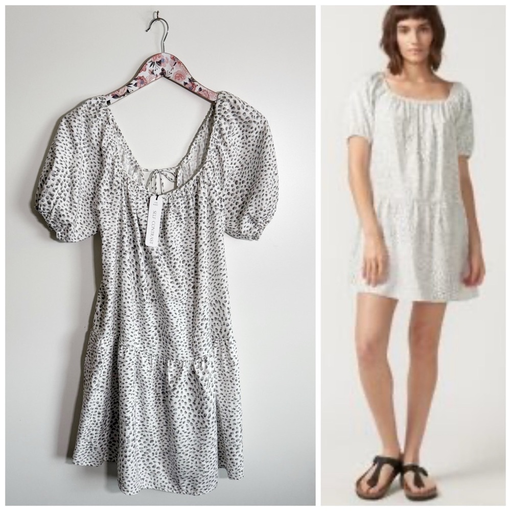 NWT SELF CONTRAST Claudia Mini Dress White Gray Polka Dot S Small